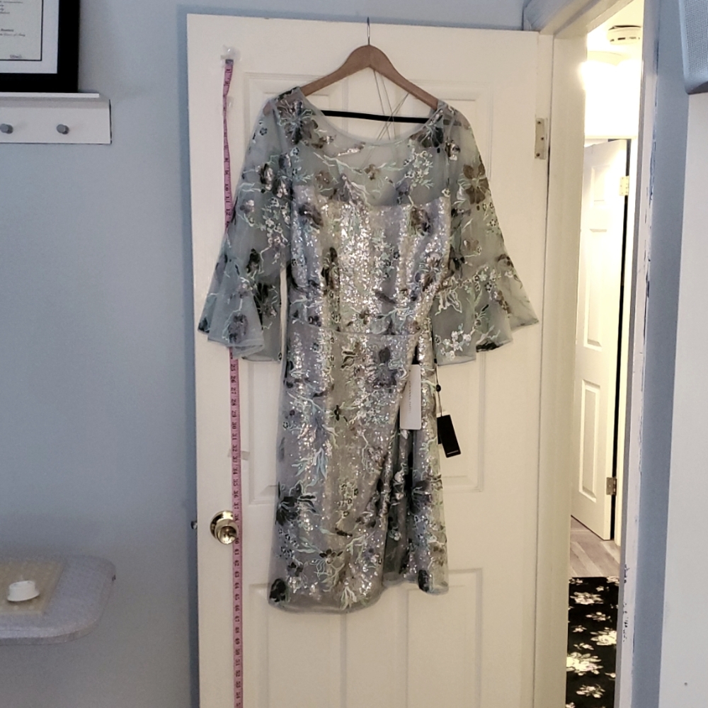 Adrianna Papell Floral Sequin Dress in Silver and Green